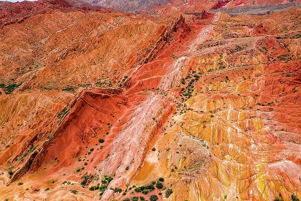 Aerial view of desert landscape in Fairy Tale Canyon (Skazka Canyon), Kyrgyzstan