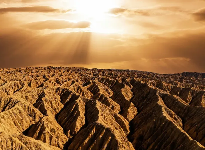 Framed Print : Aerial view of desert landscape in Kyrgyzstan at sunset