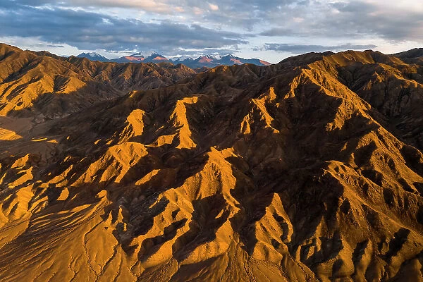 Aerial view of desert landscape in Kyrgyzstan at sunset