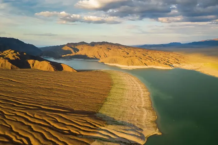 Framed Print : Aerial view of the dry reservoir in mountains