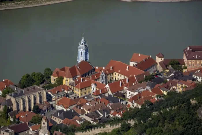 Framed Print : Aerial view, Durnstein Abbey, former monastery, church in blue and white, Durnstein, Lower Austria, Austria Framed Print : Aerial view, Durnstein Abbey, former monastery, church in blue and white, Durnstein, Lower Austria, Austria