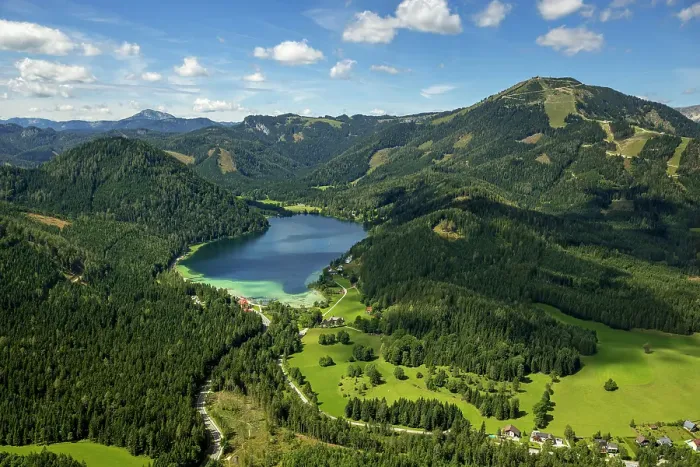 Framed Print : Aerial view, Erlaufsee with Mt. Gemeindealpe, St. Sebastian, Styria, Austria