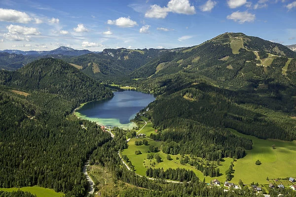 Aerial view, Erlaufsee with Mt. Gemeindealpe, St. Sebastian, Styria, Austria