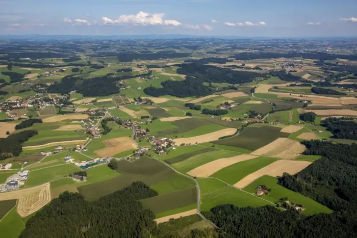 Framed Print : Aerial view, fields and meadows, alpine upland, Andorf, Upper Austria, Austria