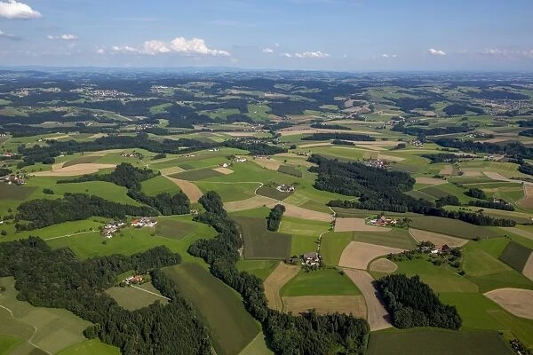 Aerial view, fields and meadows, alpine upland, Taufkirchen an der Pram, Upper Austria, Austria