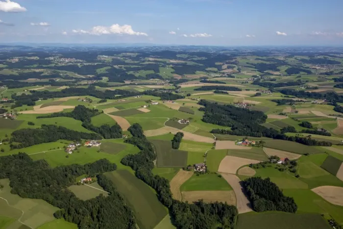 Framed Print : Aerial view, fields and meadows, alpine upland, Taufkirchen an der Pram, Upper Austria, Austria Framed Print : Aerial view, fields and meadows, alpine upland, Taufkirchen an der Pram, Upper Austria, Austria