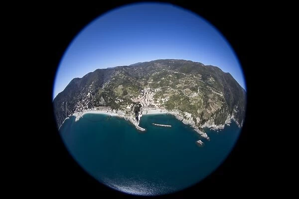 Aerial view, fisheye, town Monterosso al Mare, Cinque Terre, Italy, Europe