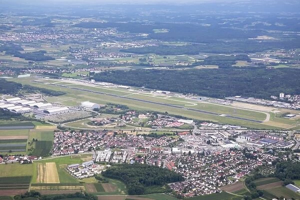 Aerial view, Friedrichshafen airport with the village of Allmannsweiler and Friedrichshafen trade fair, Friedrichshafen, Baden-Wuerttemberg, Germany