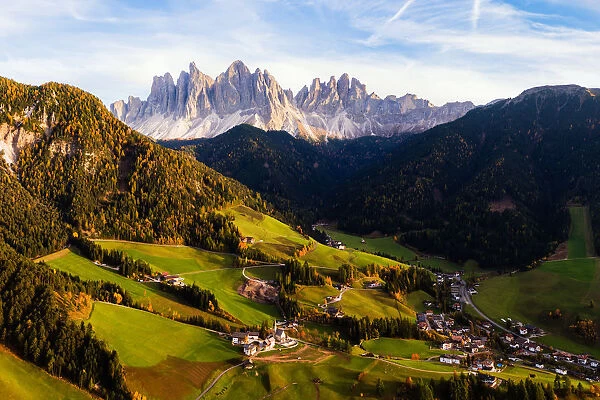 Aerial view of Funes valley in autumn, Dolomites, Italy