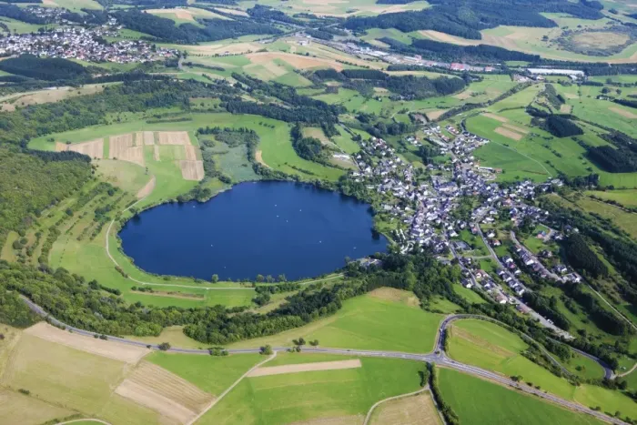 Framed Print : Aerial view, Gemuendener Maar lake, Eifel region, Rhineland-Palatinate, Germany, Europe Framed Print : Aerial view, Gemuendener Maar lake, Eifel region, Rhineland-Palatinate, Germany, Europe
