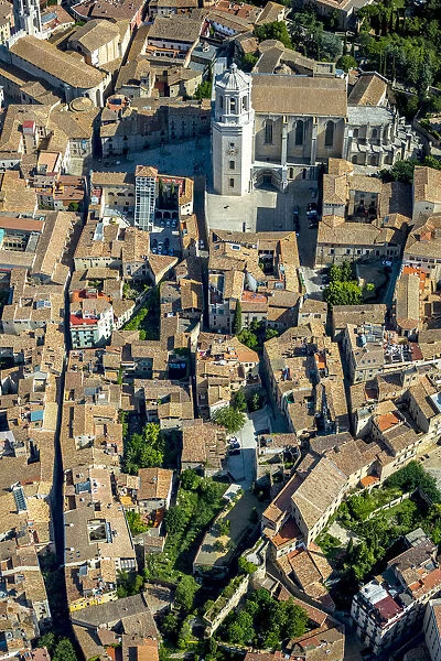 Aerial view, Girona Cathedral, old town, Girona, Catalonia, Spain