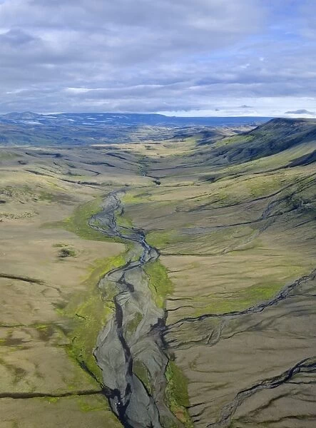 Aerial view, glacial river with small tributaries, Vatnajokull and Skaftafell National Park, Southern Region, Iceland