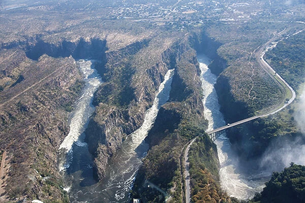 Aerial view, gorge with the Victoria Falls Bridge over the Zambezi River, at Victoria Falls, Livingstone, Zambia
