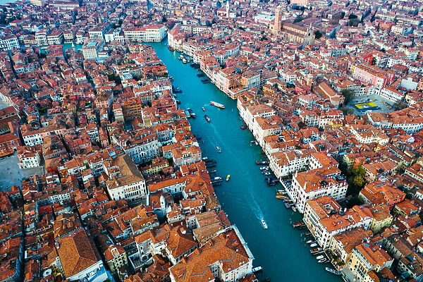 Aerial view of Grand Canal at sunrise, Venice, Italy