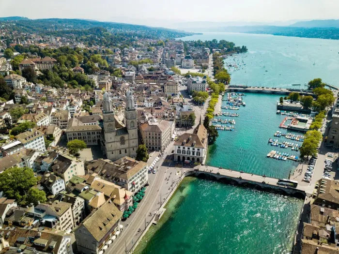 Framed Print : Aerial view of the Grossm├╝nster Church, Zurich