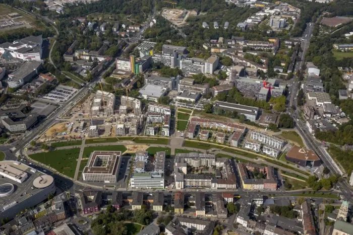 Framed Print : Aerial view, Grune Mitte, University District, Essen, Ruhr district, North Rhine-Westphalia, Germany