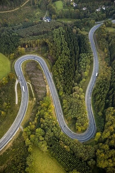 Aerial view, hairpin curves, winding road in the Sauerland forests, between Herscheid and Halver, North Rhine-Westphalia, Germany