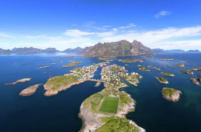 Framed Print : Aerial view of Henningsvaer archipelago and famous football stadium on Lofoten islands Framed Print : Aerial view of Henningsvaer archipelago and famous football stadium on Lofoten islands