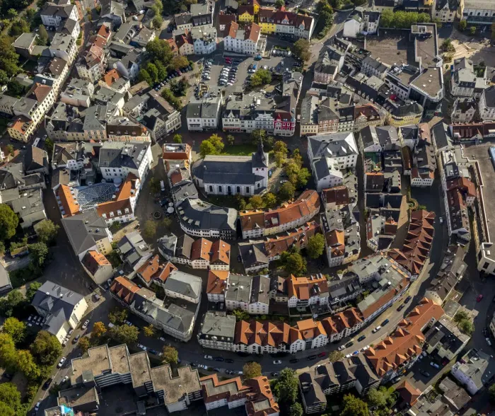 Framed Print : Aerial view, historic centre with Erloserkirche, Church of the Redeemer, market square, annular medieval layout, Ludenscheid, North Rhine-Westphalia, Germany