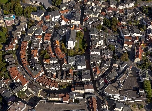 Aerial view, historic centre with Erloserkirche, Church of the Redeemer, market square, annular medieval layout, Ludenscheid, North Rhine-Westphalia, Germany