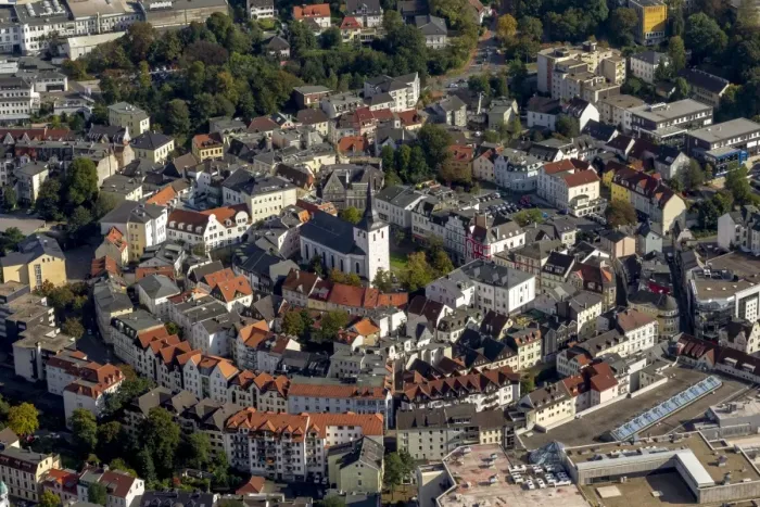 Framed Print : Aerial view, historic centre with Erloserkirche, Church of the Redeemer, market square, annular medieval layout, Ludenscheid, North Rhine-Westphalia, Germany