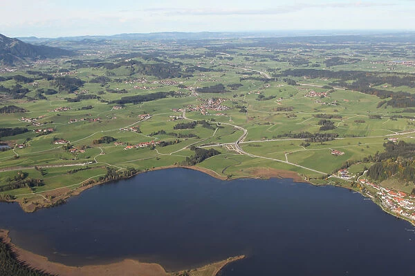 Aerial view, Hopfensee lake in Ostallgaeu, Allgaeu, Bavaria, Germany, Europe