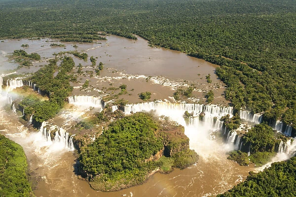 Aerial view of Iguazu Waterfalls with rainbow