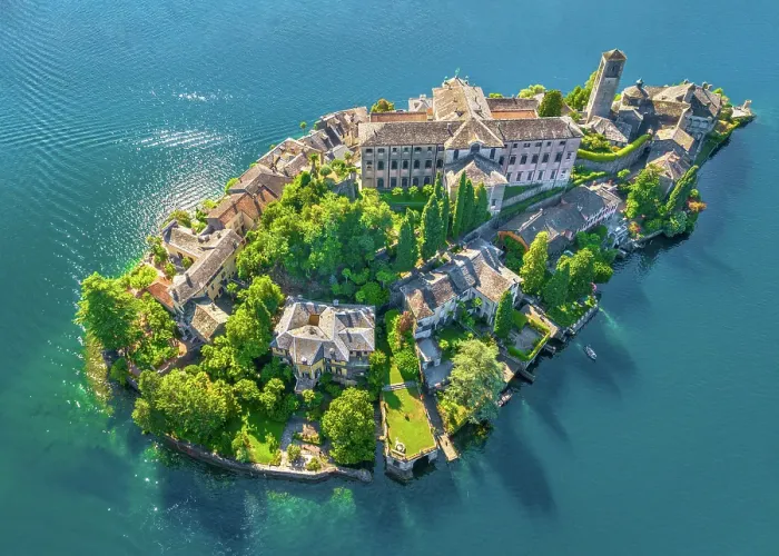 Framed Print : Aerial view of Isola San Giulio (St. Julius Island) in Lake Orta, Italy Framed Print : Aerial view of Isola San Giulio (St. Julius Island) in Lake Orta, Italy