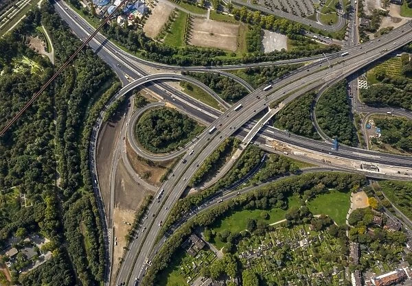 Aerial view, junction of motorways A59 and A42, extension and rebuilding of the A59 motorway, Duisburg, Ruhr Area, North Rhine-Westphalia, Germany