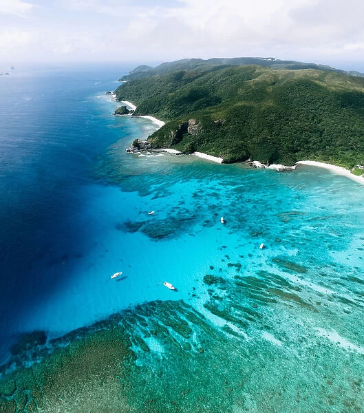 Aerial view of Kerama Islands and blue tropical sea, Okinawa, Japan