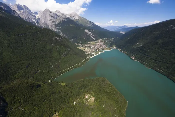 Framed Print : Aerial view, Lake Molveno mountain lake, Molveno, Trentino, Italy Framed Print : Aerial view, Lake Molveno mountain lake, Molveno, Trentino, Italy