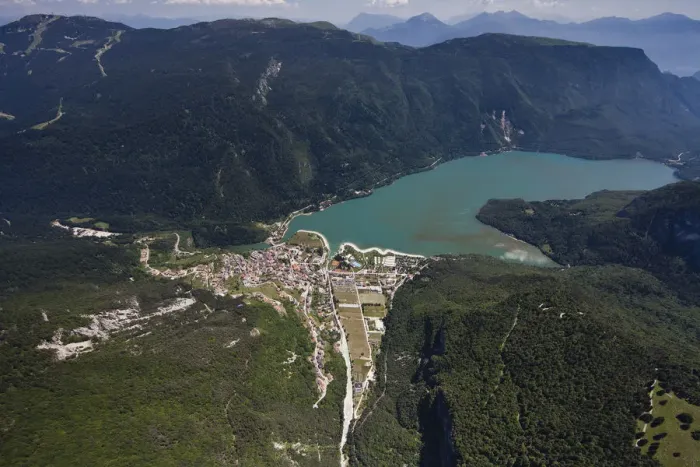 Framed Print : Aerial view, Lake Molveno mountain lake, Molveno, Trentino, Italy Framed Print : Aerial view, Lake Molveno mountain lake, Molveno, Trentino, Italy