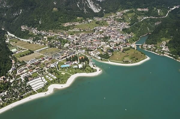 Aerial view, Lake Molveno mountain lake, Molveno, Trentino, Italy