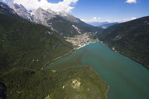 Aerial view, Lake Molveno mountain lake, Molveno, Trentino, Italy