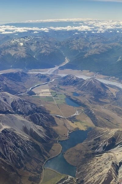 Aerial view, Lake Pearson, Lake Grasmere, Lake Sarah and the Waimakariri River, Canterbury Region, New Zealand
