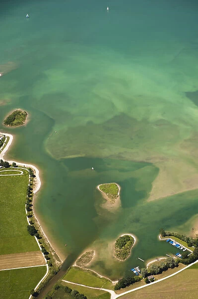 Aerial view, lake shore, Forggensee, Allgaeu, Bavaria, Germany