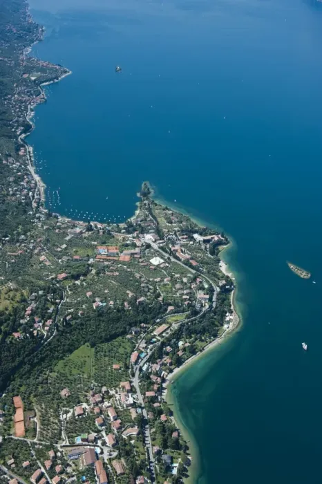 Framed Print : Aerial view, Malcesine, Lake Garda, Val di Sogno bay, Isola di immaginazione, Veneto, Verona Province, Italy Framed Print : Aerial view, Malcesine, Lake Garda, Val di Sogno bay, Isola di immaginazione, Veneto, Verona Province, Italy