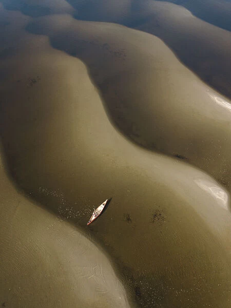 Aerial view of a man in a canoe on the Saint John River, New Brunswick, Canada