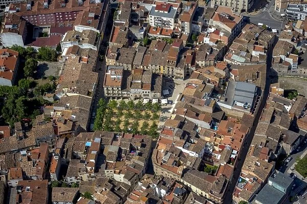 Aerial view, market square, Placa Major, city centre, Banyoles, Catalonia, Spain