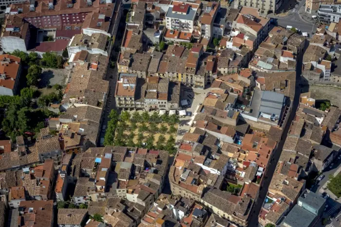 Framed Print : Aerial view, market square, Placa Major, city centre, Banyoles, Catalonia, Spain Framed Print : Aerial view, market square, Placa Major, city centre, Banyoles, Catalonia, Spain