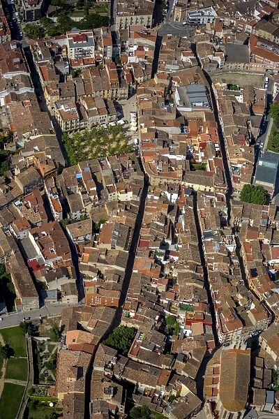 Aerial view, market square, Placa Major, city centre, Banyoles, Catalonia, Spain