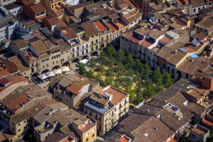 Framed Print : Aerial view, market square, Placa Major, city centre, Banyoles, Catalonia, Spain Framed Print : Aerial view, market square, Placa Major, city centre, Banyoles, Catalonia, Spain