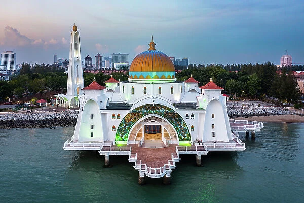 Aerial view of Melaka Straits mosque at sunset, Malaysia