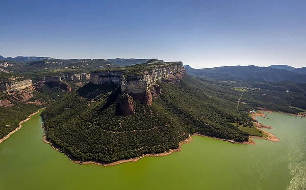 Aerial view, mesa, layered rock, Panta de Sau, Sau Reservoir, river Ter, Riu Ter, Les Masies de Roda, Catalonia, Spain