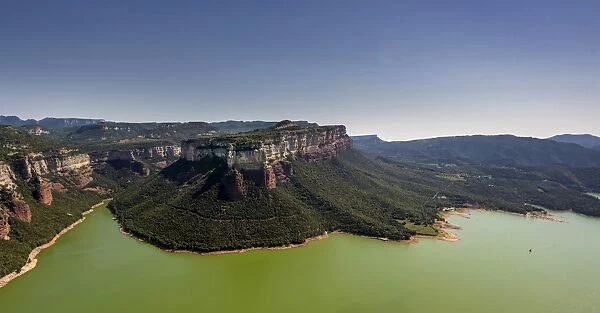 Aerial view, mesa, layered rock, Panta de Sau, Sau Reservoir, river Ter, Riu Ter, Les Masies de Roda, Catalonia, Spain