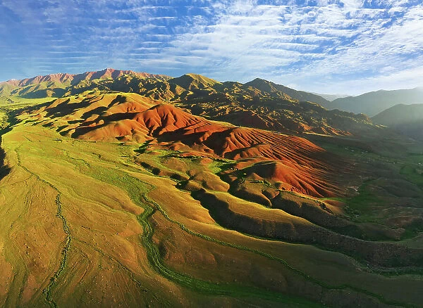 Aerial view of mountain landscape in Kyrgyzstan at sunset