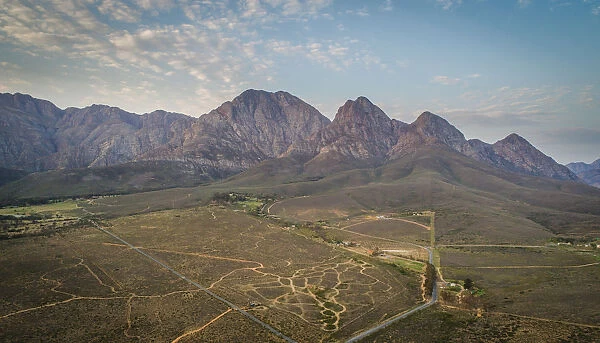 Aerial view over the mountains outside the town of Worcester in the Western Cape of South Africa