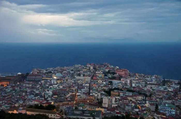Framed Print : Aerial view of Naples old Quarter and bay at dusk Framed Print : Aerial view of Naples old Quarter and bay at dusk