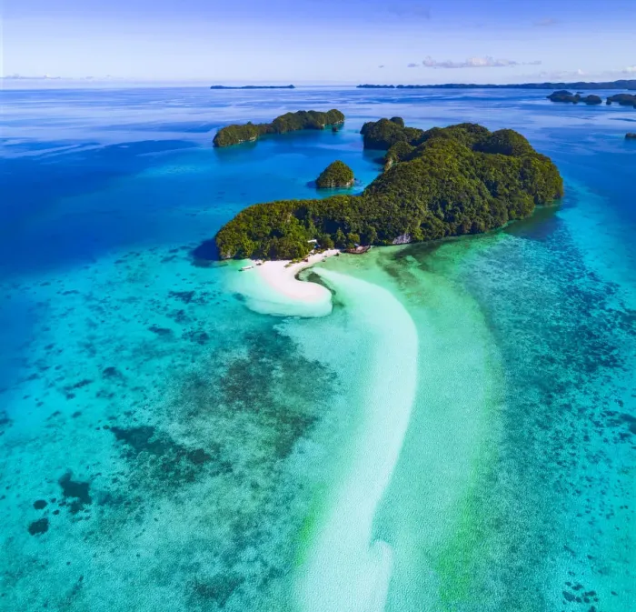 Framed Print : Aerial View Palau Islands and sandbar at low tide