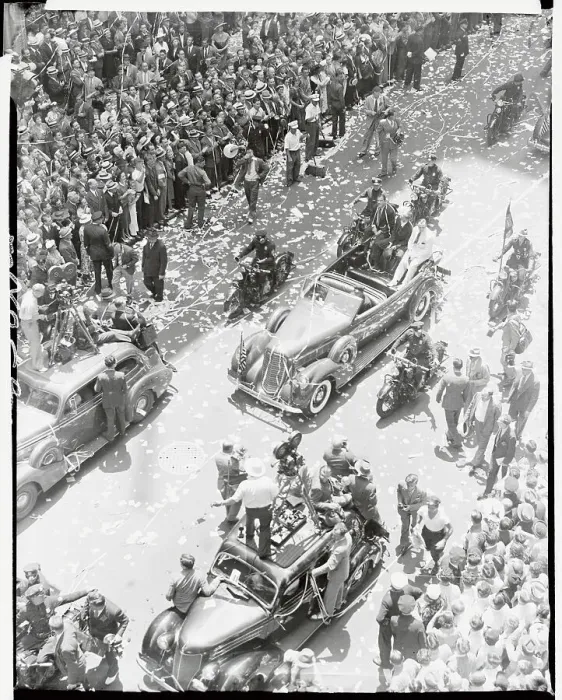 Framed Print : Aerial View of Parade for Howard Hughes and World Flight Crew Framed Print : Aerial View of Parade for Howard Hughes and World Flight Crew